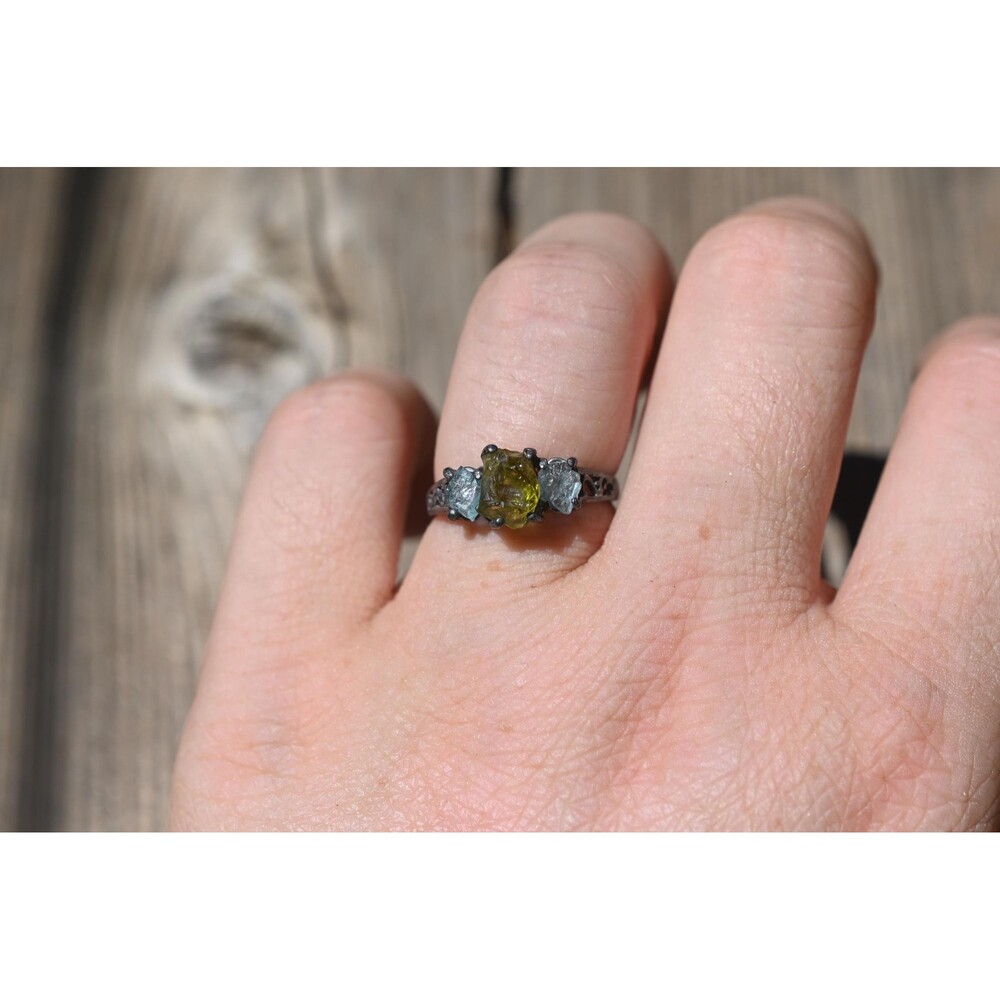 Aquamarine and Peridot Silver Ring – Handcrafted Rustic Gemstone Jewelry with Gr